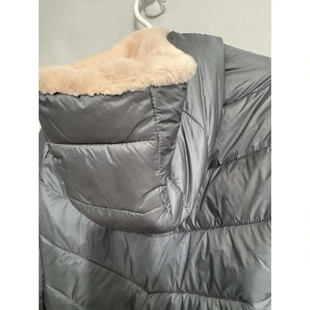 Abercrombie Kids Size 15/16 Girls Puffer Jacket Hooded Faux Fur Reversible Gray